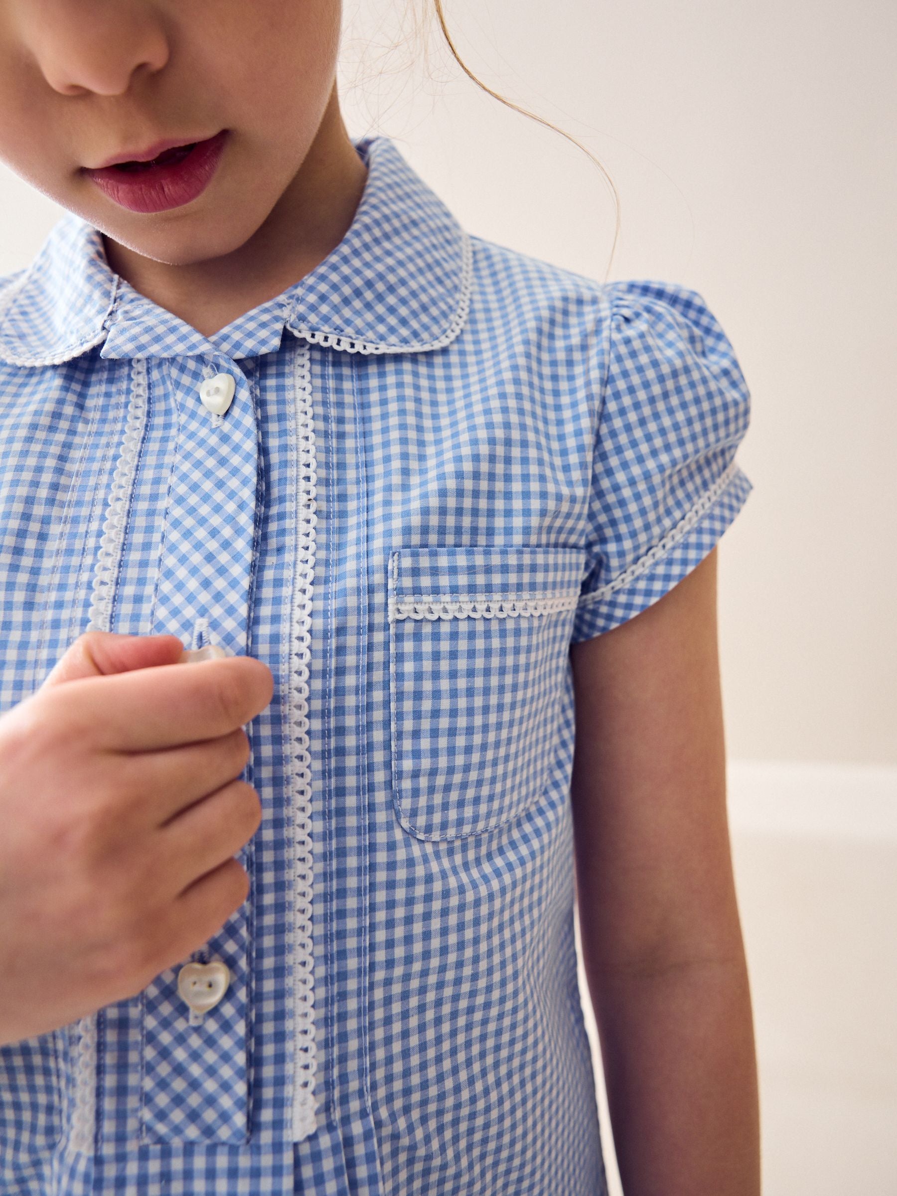 Blue Cotton Rich Button Front Lace Gingham School Dress (3-14yrs) image 3