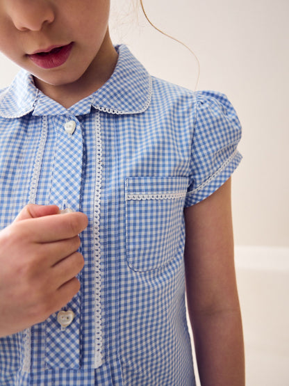 Blue Cotton Rich Button Front Lace Gingham School Dress (3-14yrs) image 3