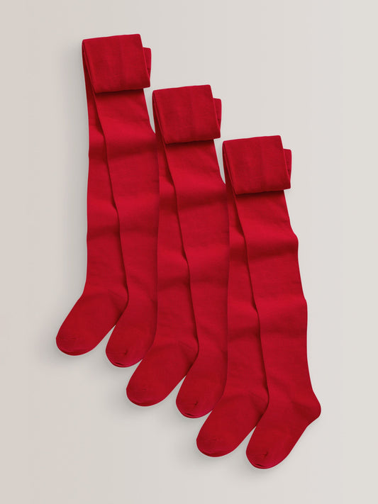 Red Regular Length 3 Pack Cotton Rich School Tights image 1