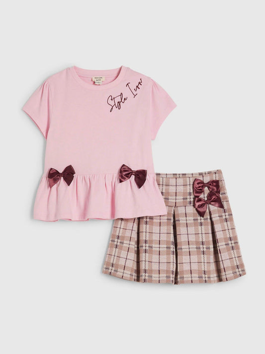 Disney Kidz - River Island Pink Check Frill Bow Top & Skirt Set image 1