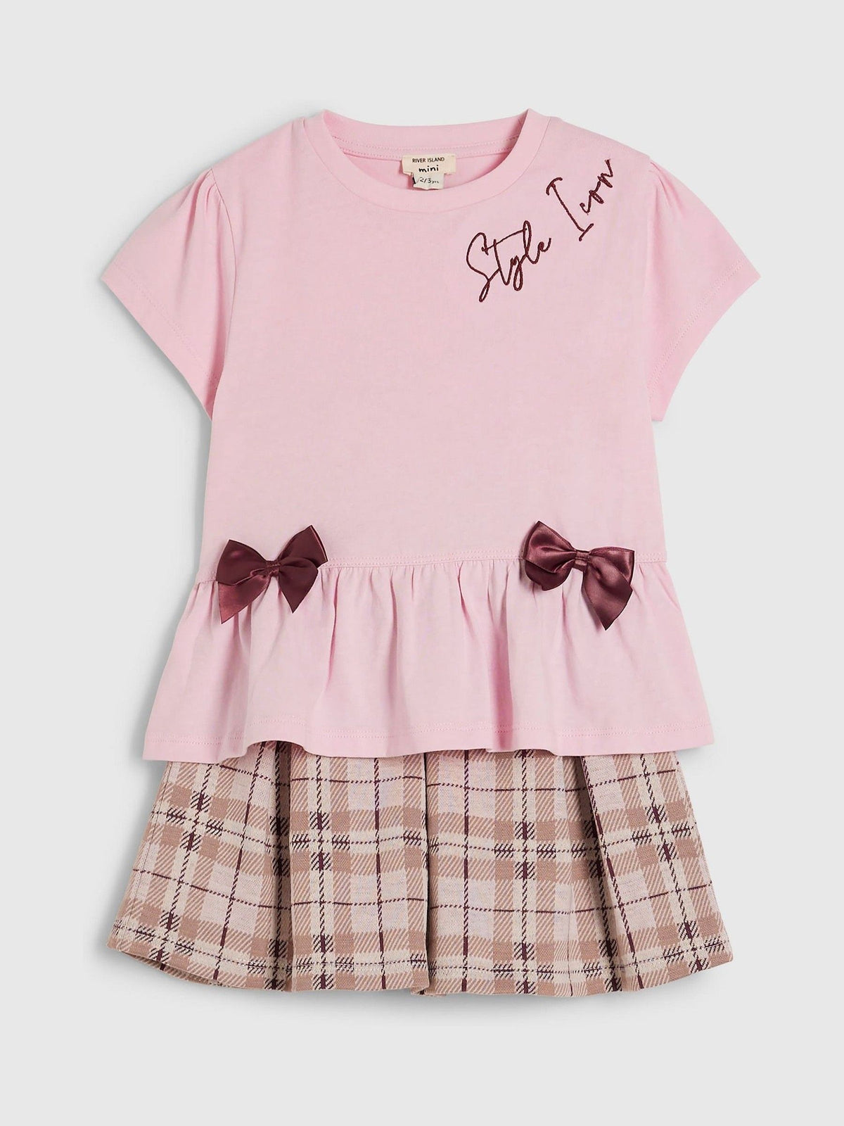 Dsiney Kidz - River Island Pink Check Frill Bow Top & Skirt Set image 3