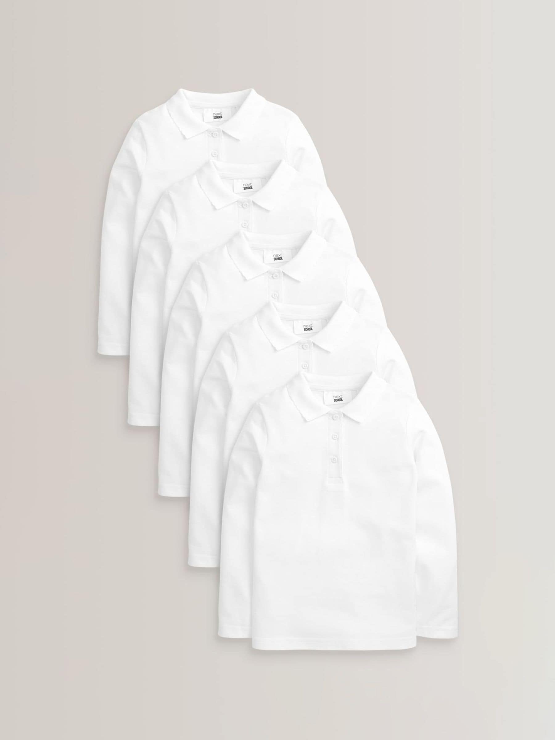 Dsiney Kidz - White Regular Fit Girls 5 Pack 100% Cotton Long Sleeve School Polo Shirts (3-16yrs) image 1
