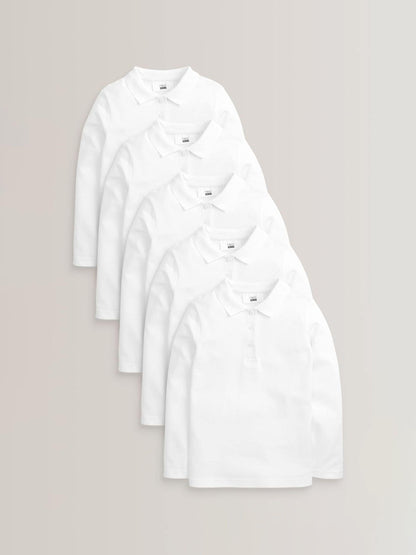 Dsiney Kidz - White Regular Fit Girls 5 Pack 100% Cotton Long Sleeve School Polo Shirts (3-16yrs) image 1