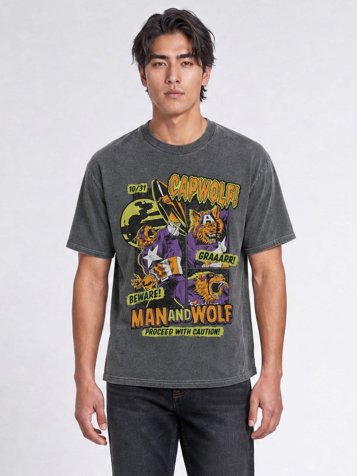 Brands In Grey Marvel Cap Wolf Halloween Washed T-Shirt - image 1