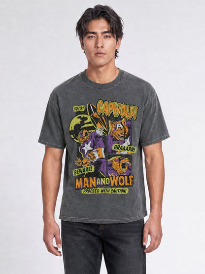 Brands In Grey Marvel Cap Wolf Halloween Washed T-Shirt - image 1