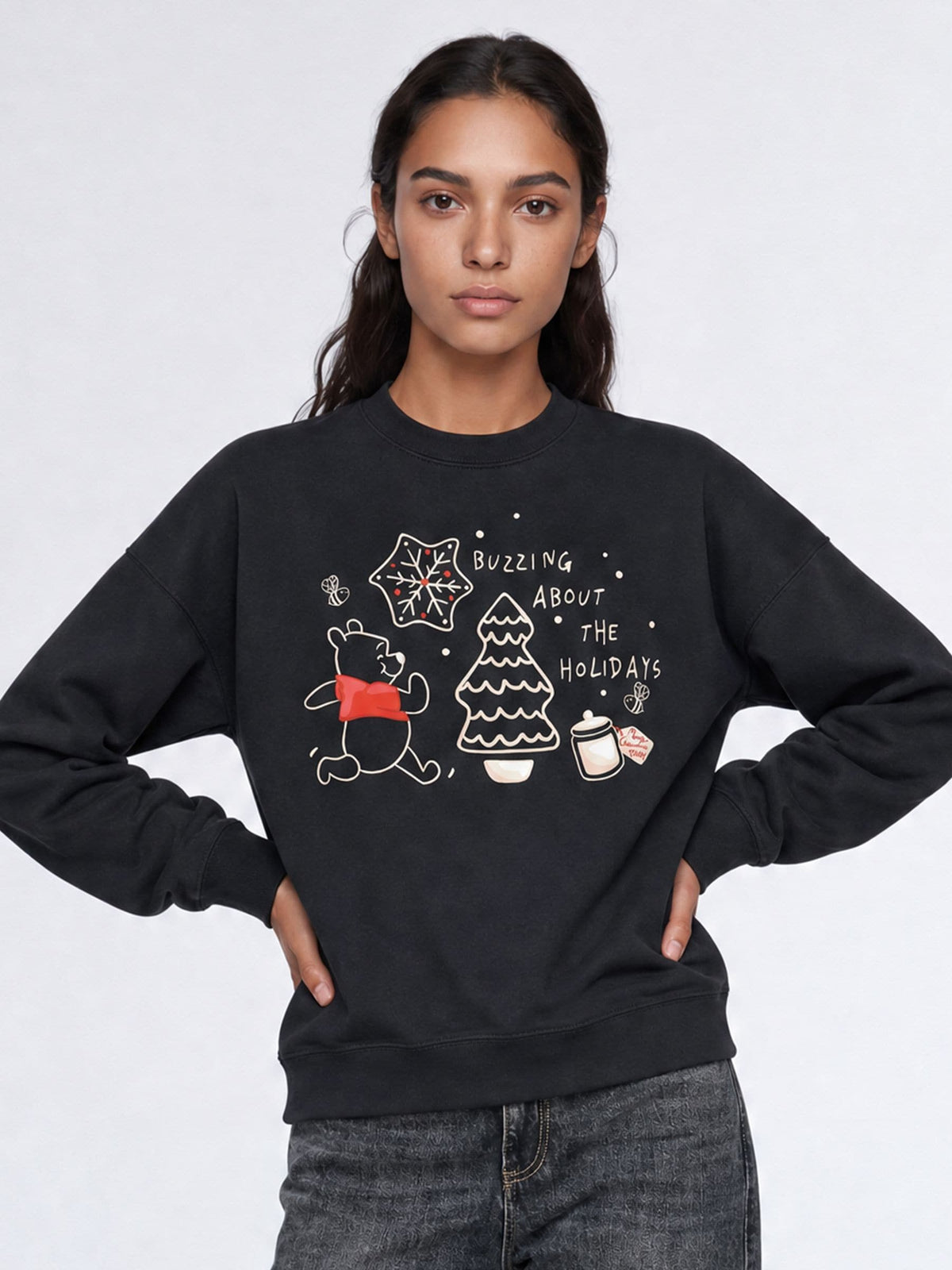 Brands In Black Disney Winnie The Pooh Buzzing Holidays Christmas Sweatshirt - image 1
