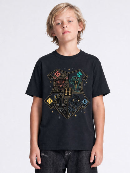 Rags & Rascals Black Harry Potter Crest Hogwarts Christmas T-Shirt - image 1
