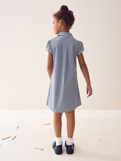 Navy Cotton Rich Button Front Lace Gingham School Dress (3-14yrs) image 2