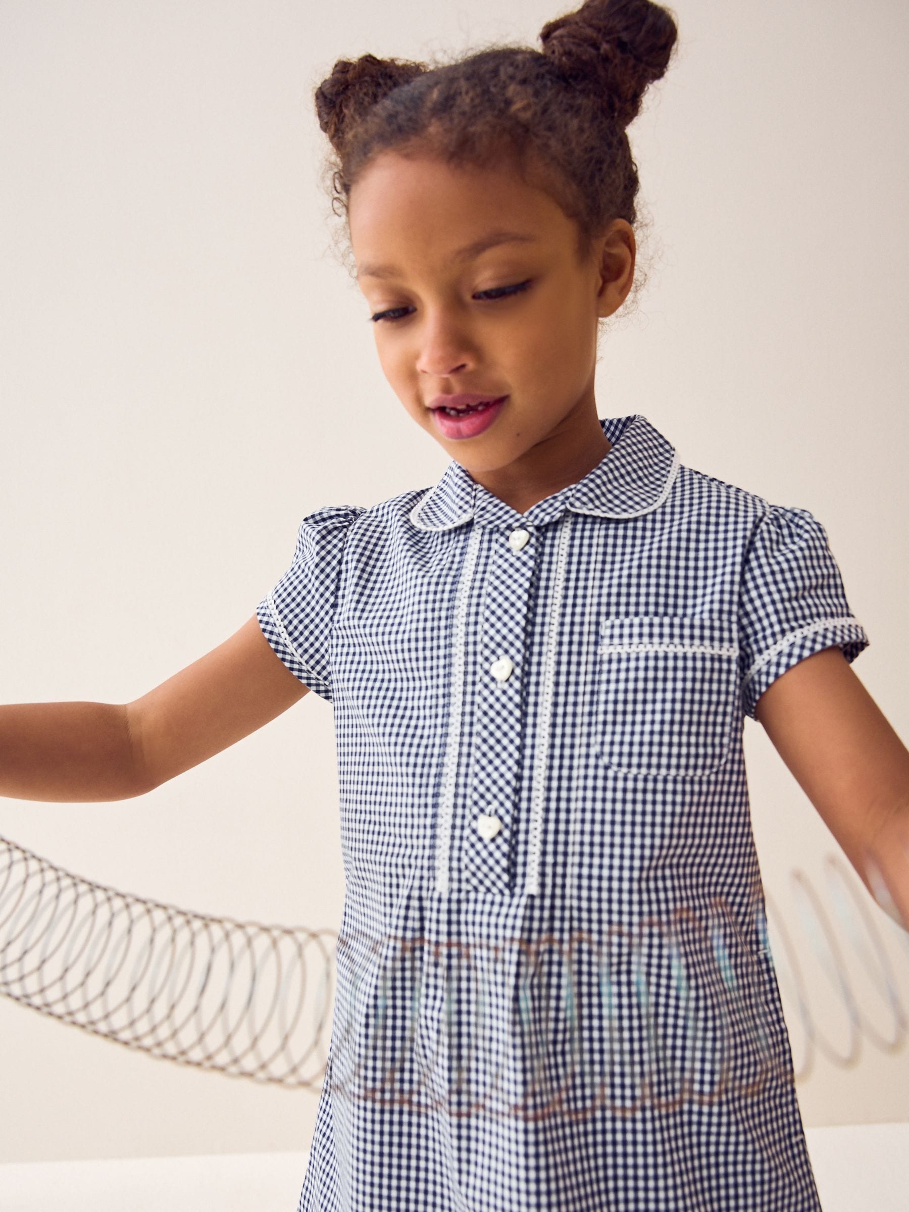 Navy Cotton Rich Button Front Lace Gingham School Dress (3-14yrs) image 3