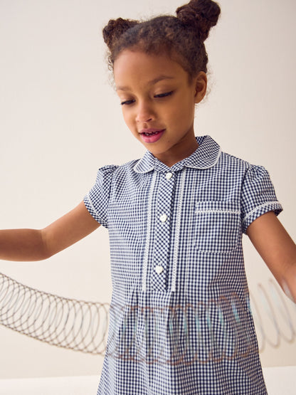 Navy Cotton Rich Button Front Lace Gingham School Dress (3-14yrs) image 3