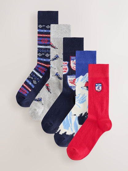 Red/Blue Ski Scenic Pattern Socks 5 Pack - image 1
