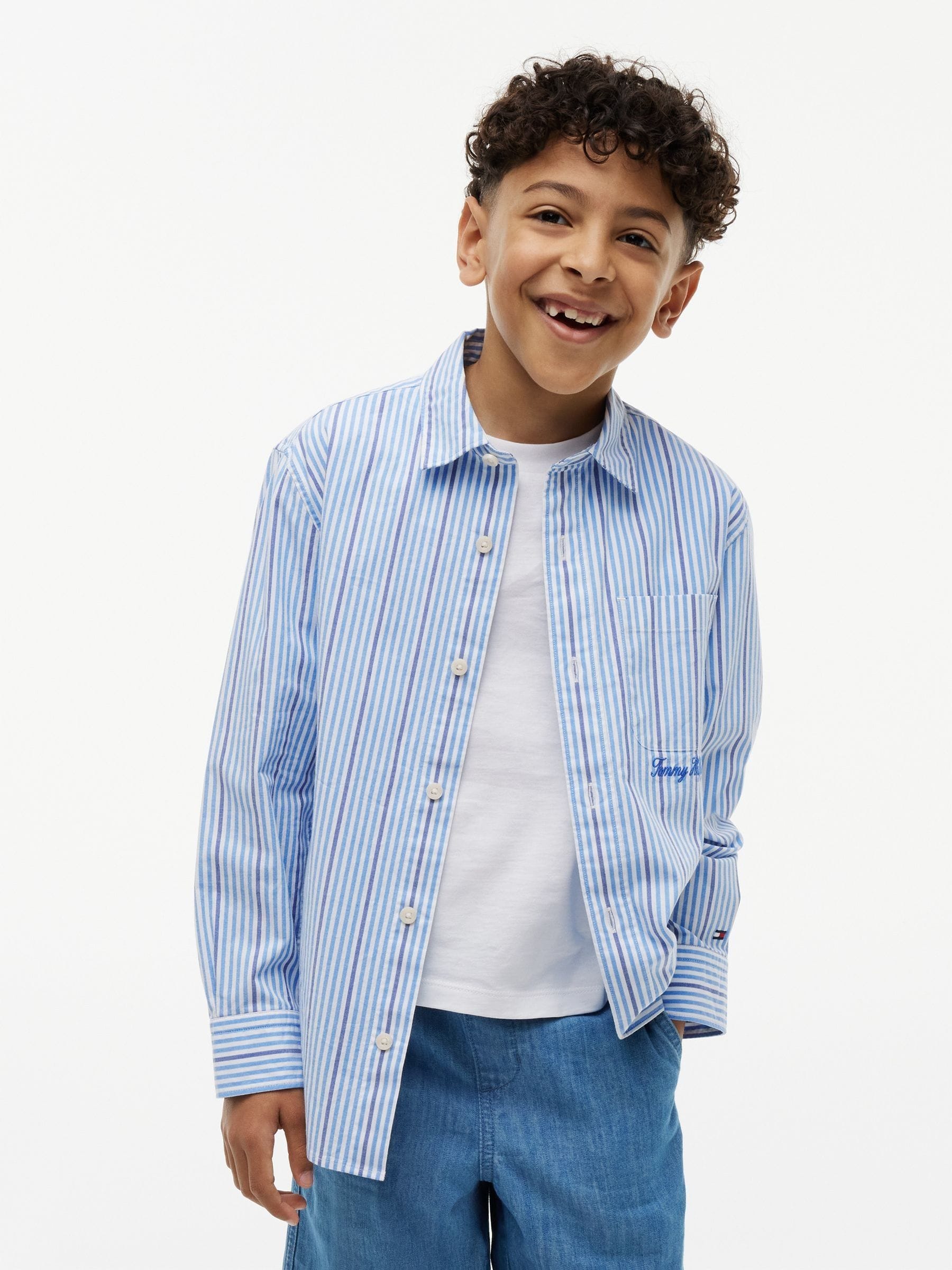 Dsiney Kidz - Tommy Hilfiger Blue Regular Fit Stripe Logo Embroidery Poplin Shirt image 1