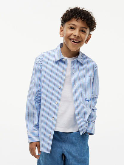 Dsiney Kidz - Tommy Hilfiger Blue Regular Fit Stripe Logo Embroidery Poplin Shirt image 1