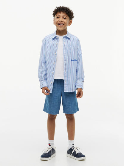 Dsiney Kidz - Tommy Hilfiger Blue Regular Fit Stripe Logo Embroidery Poplin Shirt image 3
