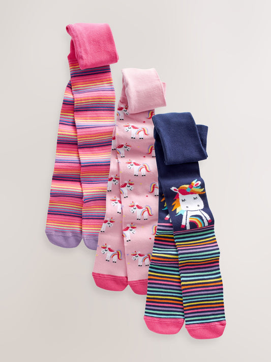 Pink and Navy 3 Pack Cotton Rich Unicorn Tights image 1