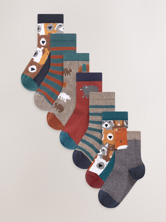Brown Animal Stripe Cotton Rich Socks 7 Pack image 1