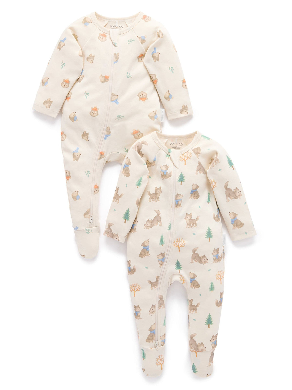 Purebaby Cream 2 Pack Footed Two-Way Zip Printed Sleepsuit - image 1