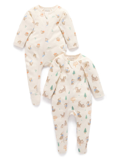 Purebaby Cream 2 Pack Footed Two-Way Zip Printed Sleepsuit - image 1