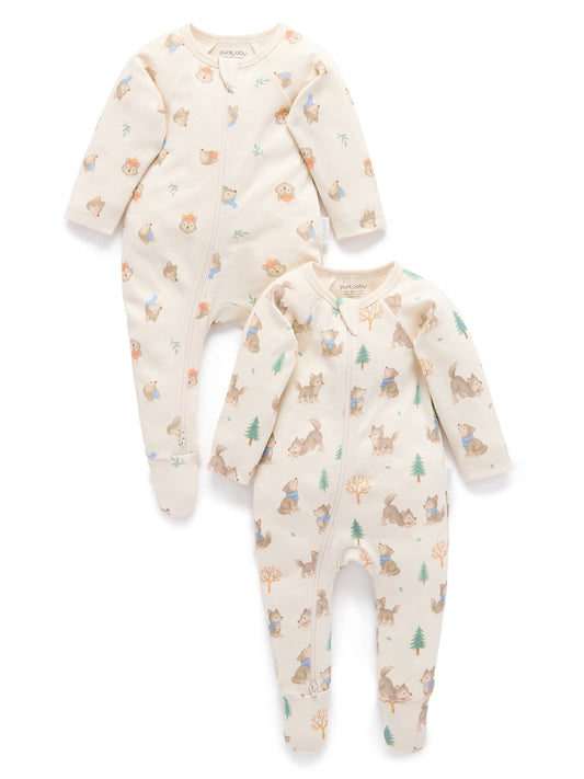 Purebaby Cream 2 Pack Footed Two-Way Zip Printed Sleepsuit - image 1