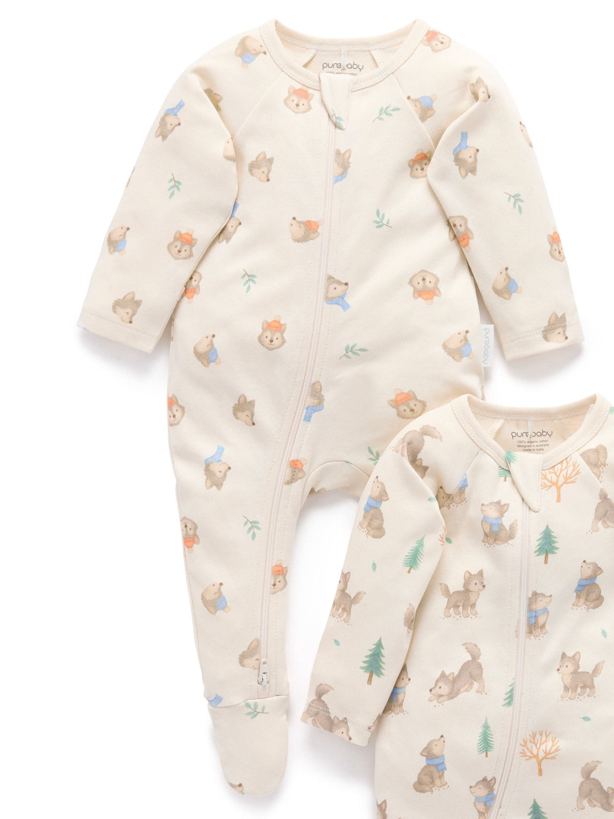 Purebaby Cream 2 Pack Footed Two-Way Zip Printed Sleepsuit - image 2