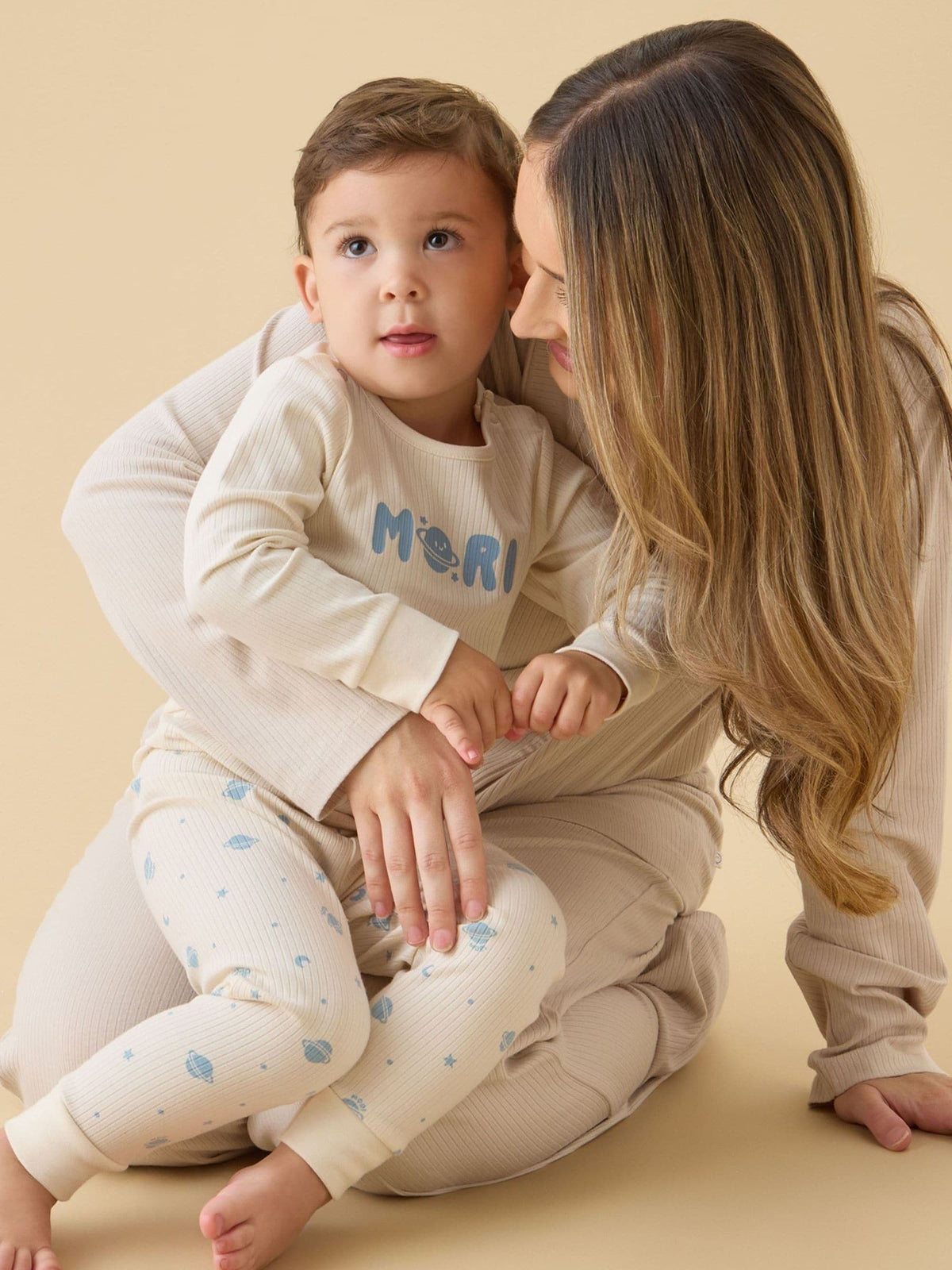 MORI Cream Space Placement Print Supersoft Ribbed Pyjamas Set - image 1