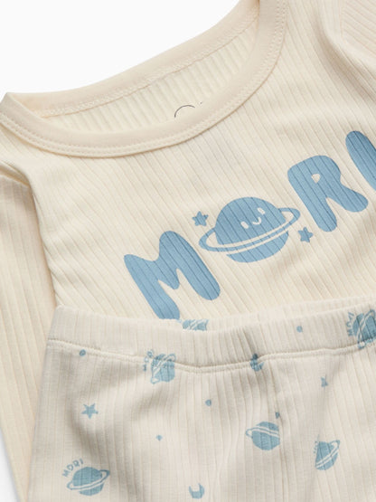 MORI Cream Space Placement Print Supersoft Ribbed Pyjamas Set - image 3