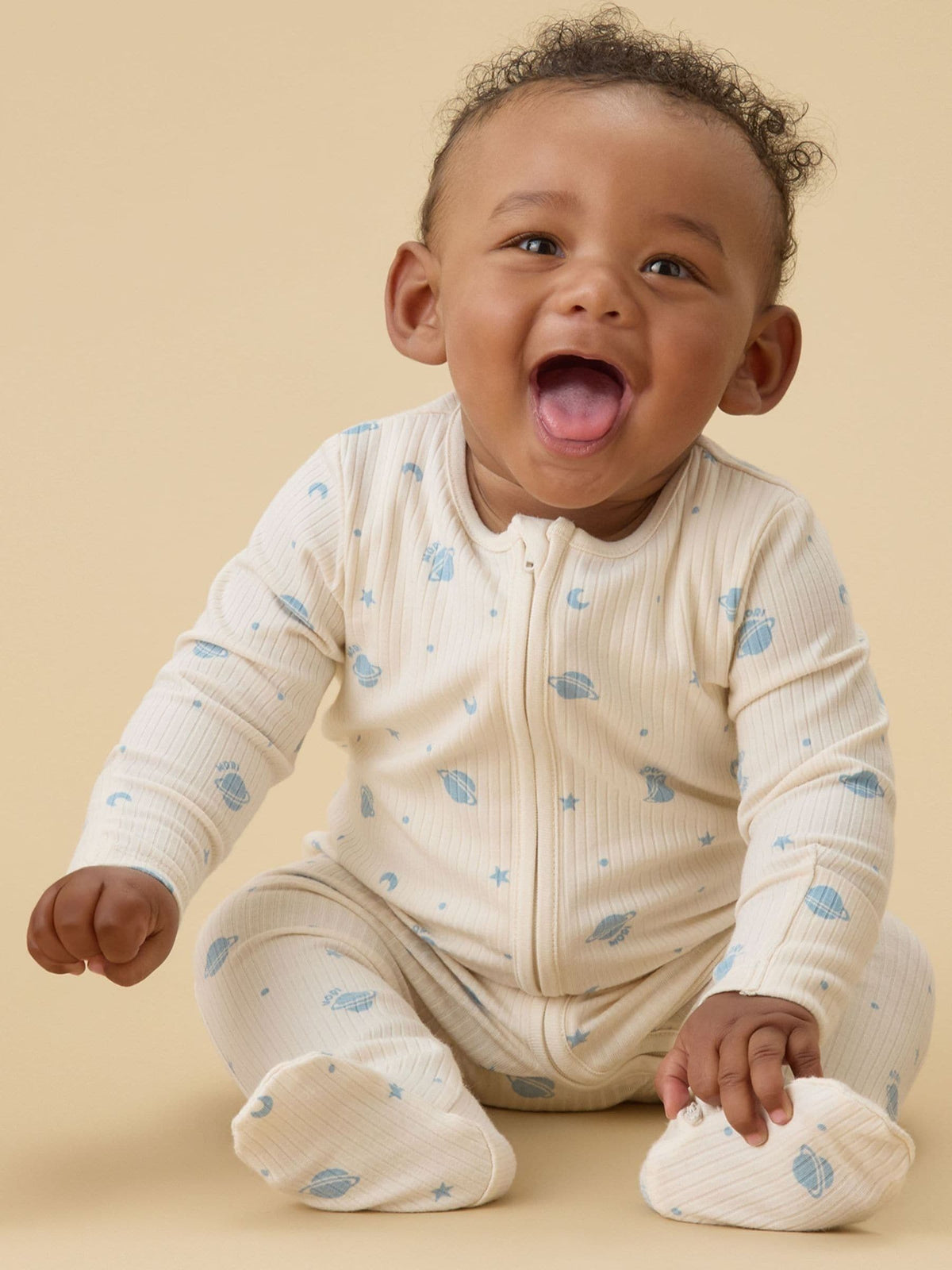 MORI Cream Space Print Supersoft Ribbed Two Way Zip-Up Sleepsuit - image 2