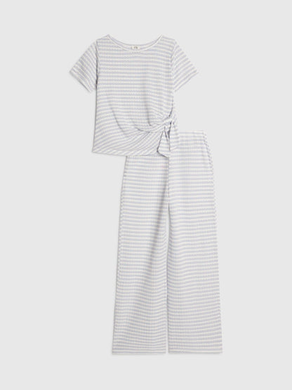 Dsiney Kidz - River Island White Stripe Textured Tie Top & Short Set image 1