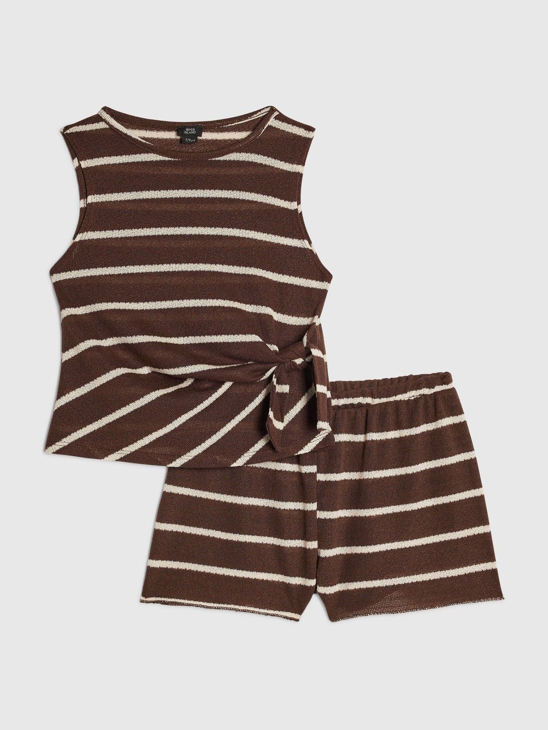 Dsiney Kidz - River Island Brown Stripe Textured Tie Top & Shorts Set image 2
