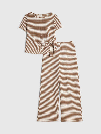 Dsiney Kidz - River Island Brown Stripe Textured Tie Top & Short Set image 1