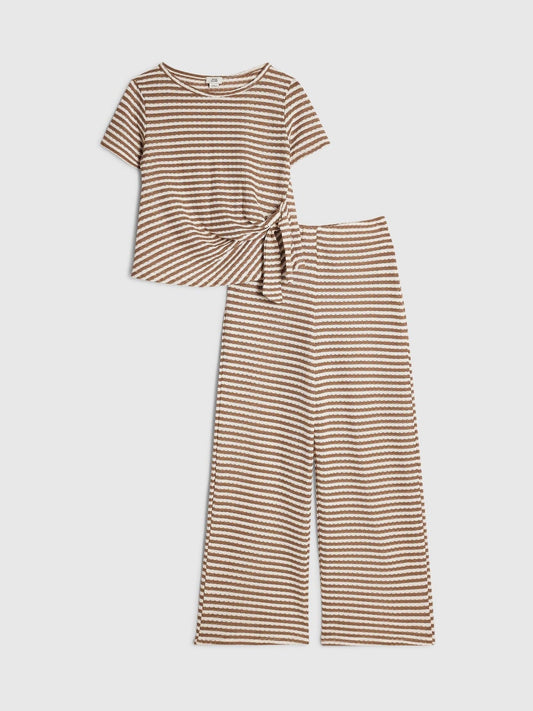 Dsiney Kidz - River Island Brown Stripe Textured Tie Top & Short Set image 1