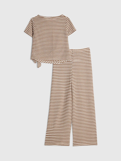 Dsiney Kidz - River Island Brown Stripe Textured Tie Top & Short Set image 2