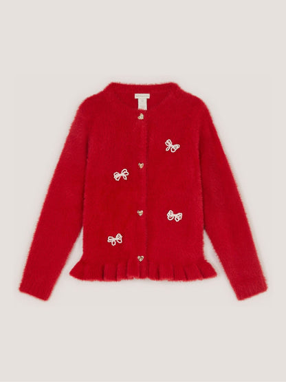 Monsoon Red Pearl Bow Fluffy Cardigan - image 1