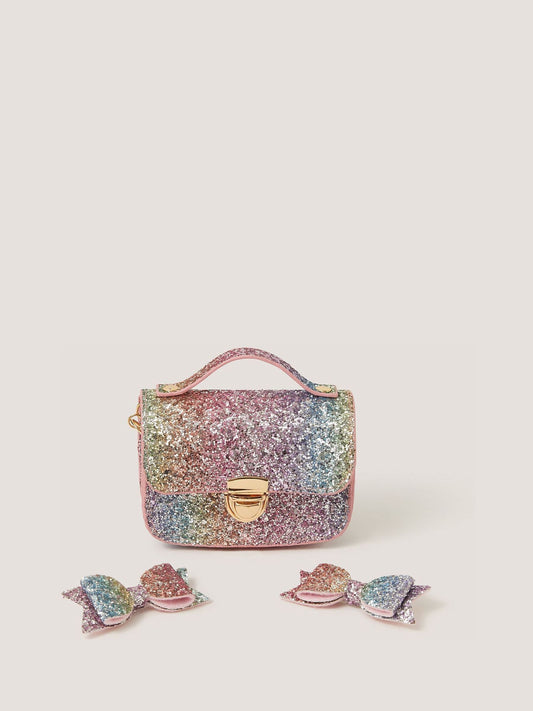 Dsiney Kidz - Monsoon Pink Rainbow Glitter Satchel Bag & Hair Clips Set image 1