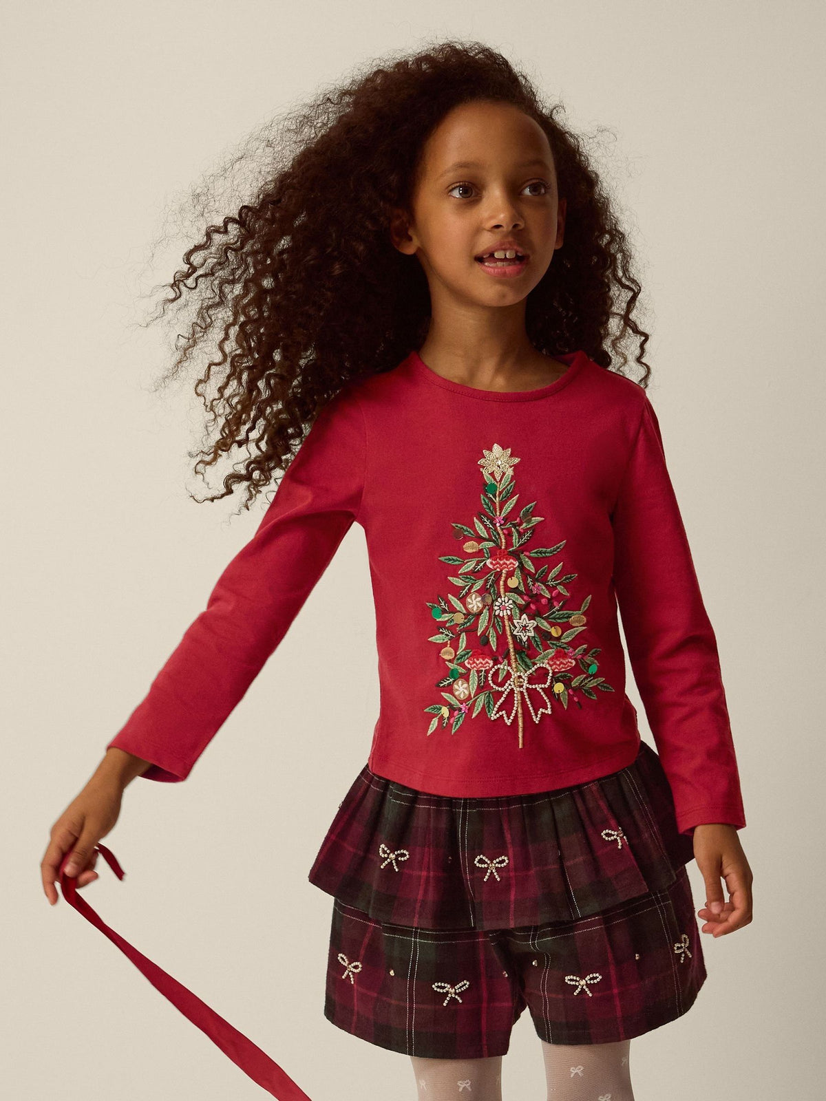 Monsoon Red Christmas Tree Top & Tartan Skort Set - image 1