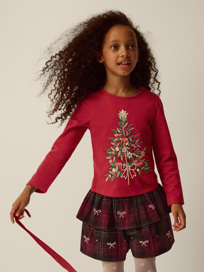 Monsoon Red Christmas Tree Top & Tartan Skort Set - image 1