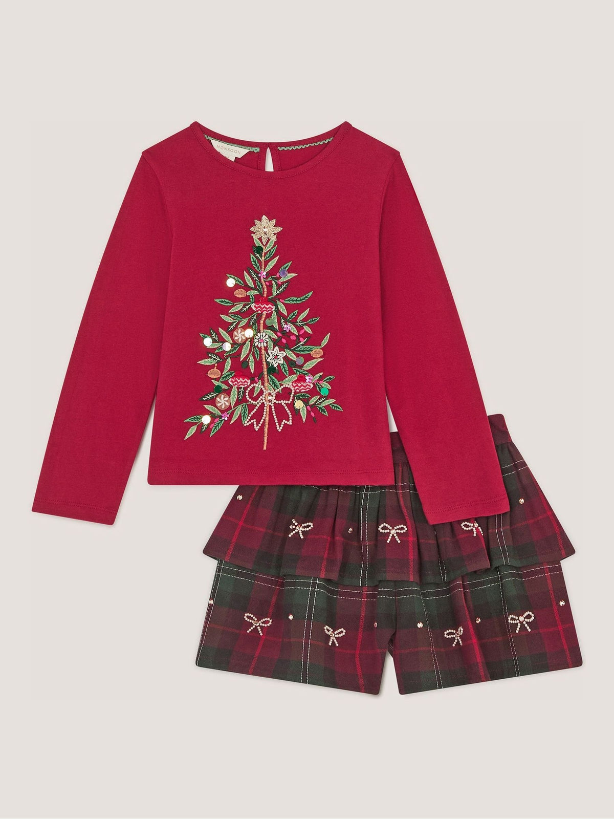 Monsoon Red Christmas Tree Top & Tartan Skort Set - image 2