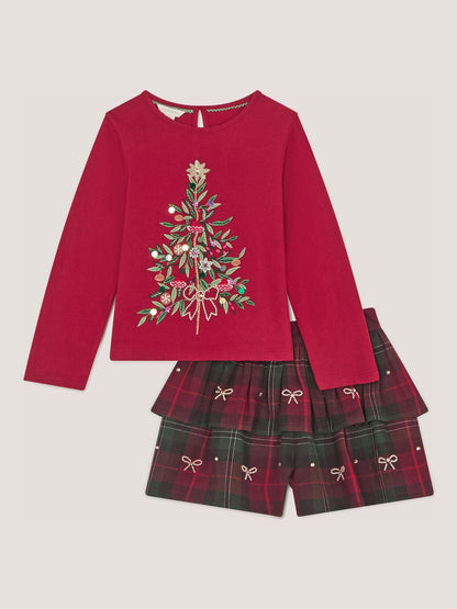 Monsoon Red Christmas Tree Top & Tartan Skort Set - image 2