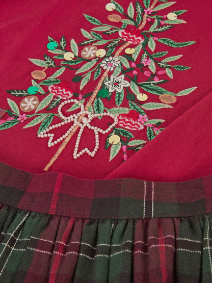 Monsoon Red Christmas Tree Top & Tartan Skort Set - image 4