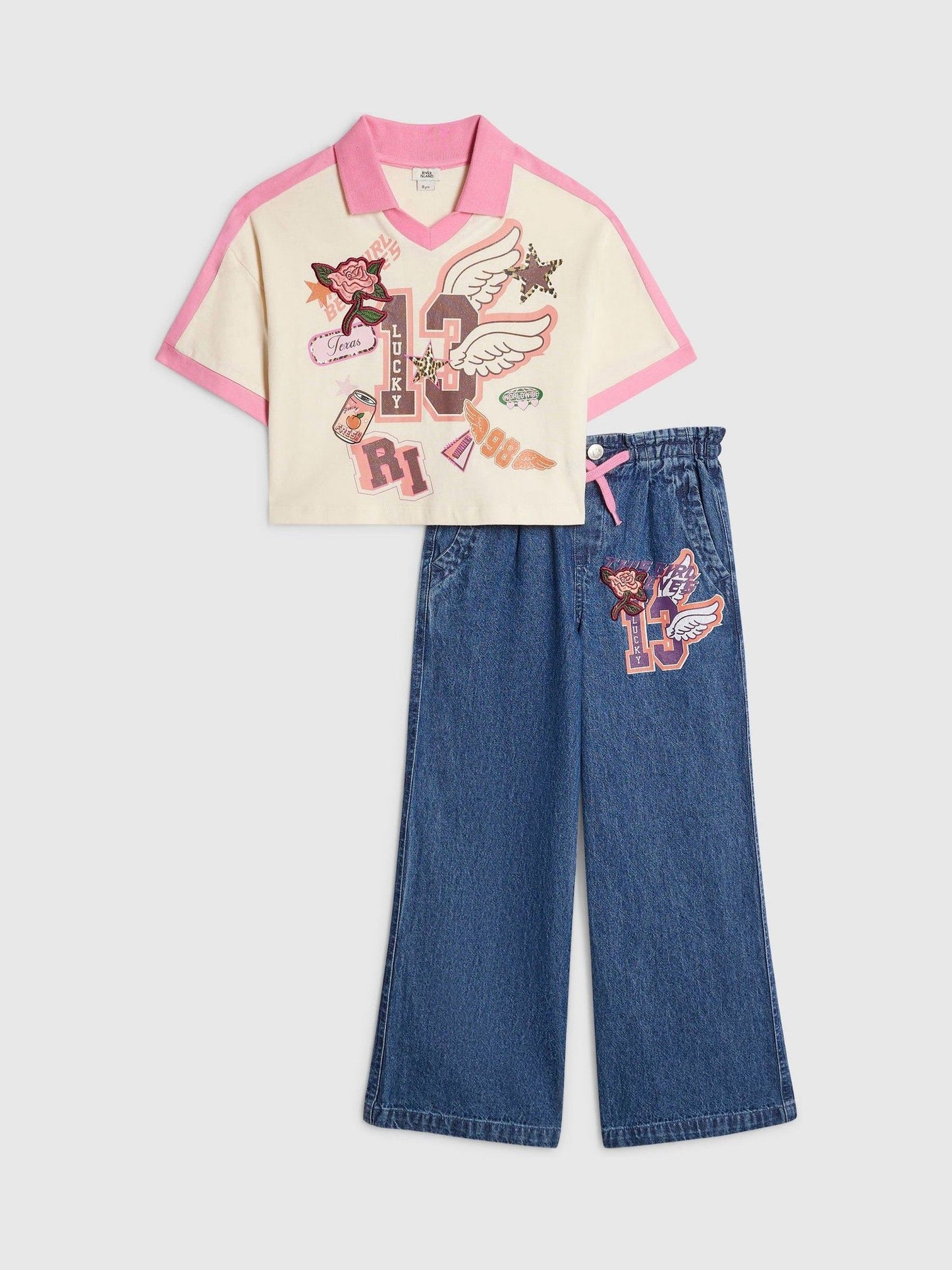 Dsiney Kidz - River Island Blue Polo T-Shirt & Wide Leg Jeans Set image 1