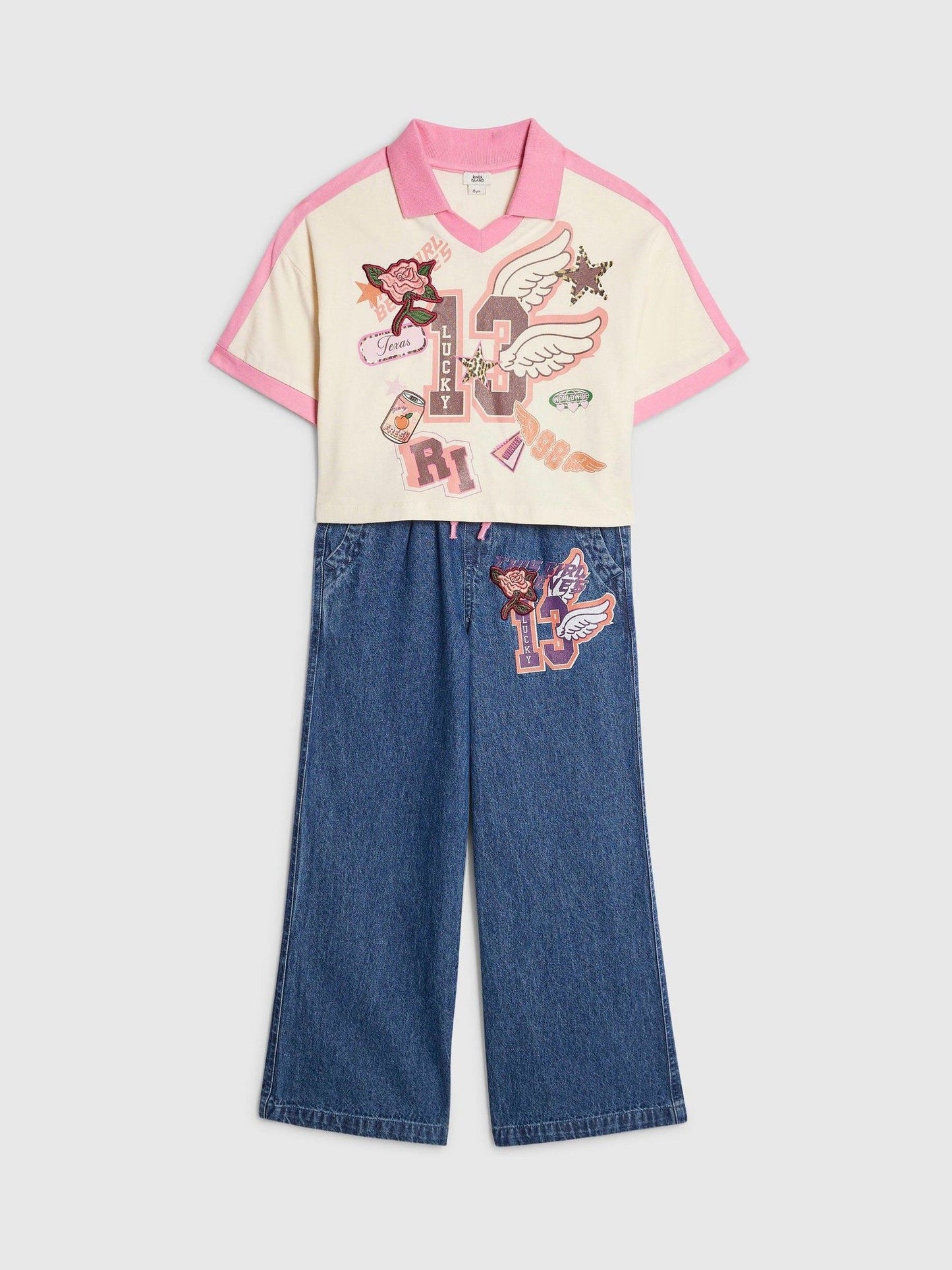 Dsiney Kidz - River Island Blue Polo T-Shirt & Wide Leg Jeans Set image 3