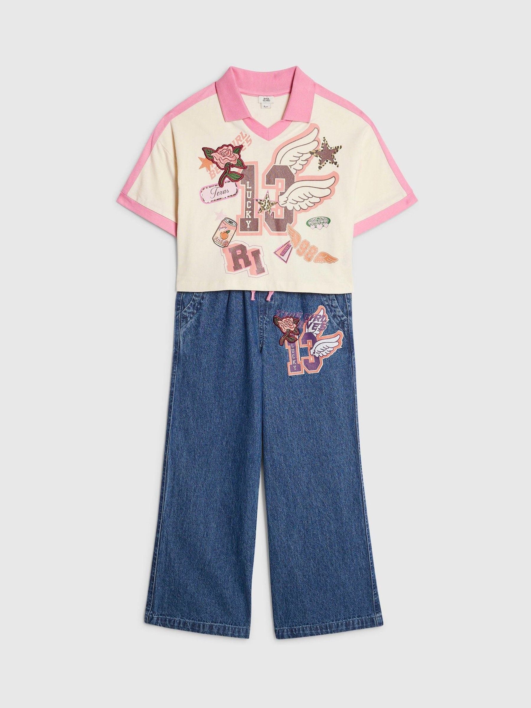 Dsiney Kidz - River Island Blue Polo T-Shirt & Wide Leg Jeans Set image 3
