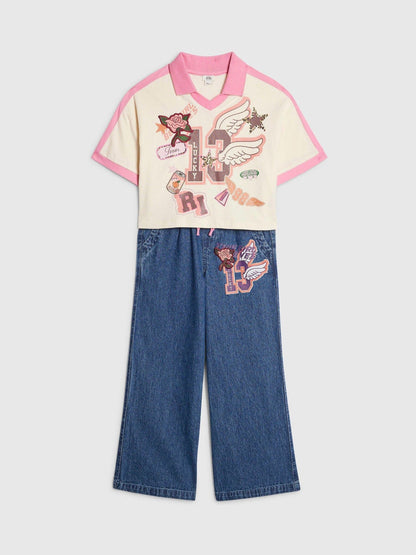 Dsiney Kidz - River Island Blue Polo T-Shirt & Wide Leg Jeans Set image 3