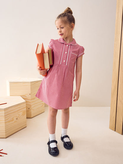 Red Cotton Rich Button Front Lace Gingham School Dress (3-14yrs) image 1