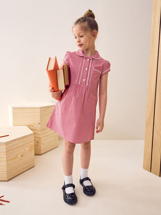 Red Cotton Rich Button Front Lace Gingham School Dress (3-14yrs) image 1