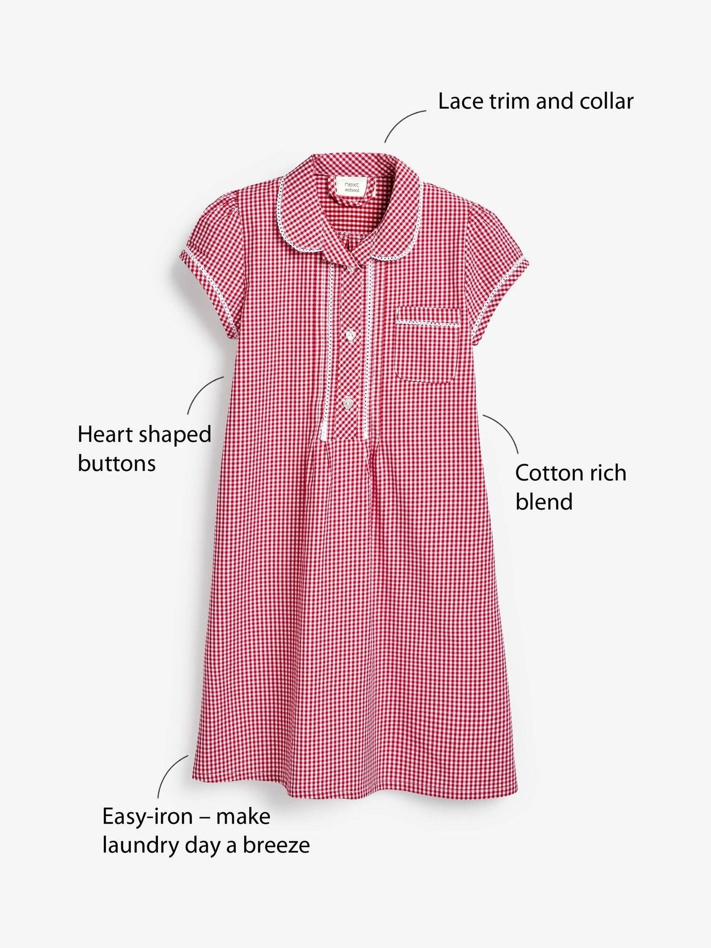 Red Cotton Rich Button Front Lace Gingham School Dress (3-14yrs) image 3