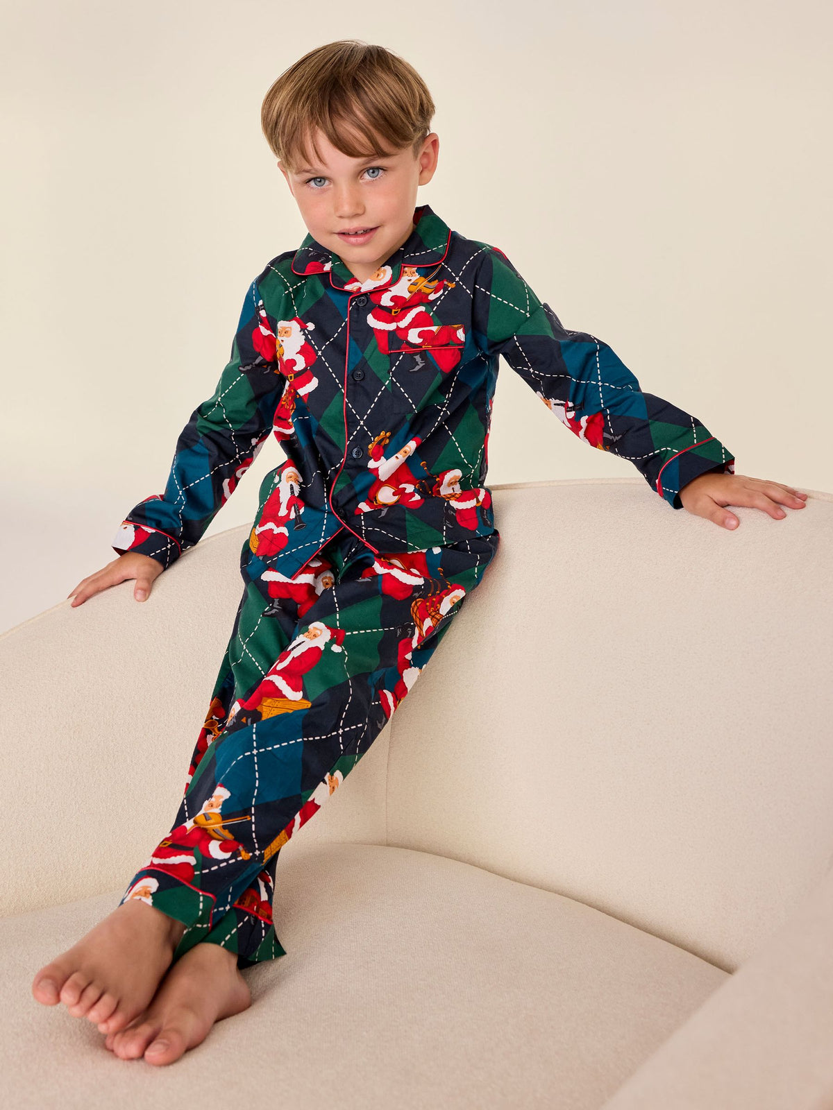 Chelsea Peers Blue Kids Cotton Argyle Musical Santa Print Long Pyjamas Set - image 1