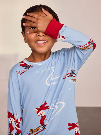 Chelsea Peers Blue Kids Skiing Santa Print Long Pyjamas Set - image 4
