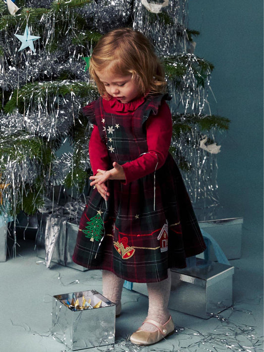 Monsoon Red Baby Christmas Top & Tartan Pinafore Dress Set - image 1