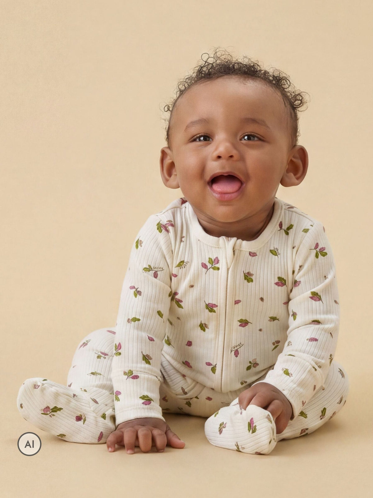 Dsiney Kidz - MORI Cream Supersoft Autumn Leaves Ribbed Two Way Zip Up Sleepsuit image 1